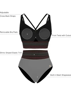 Boho Trim High Waist Tummy Control Bikini Set