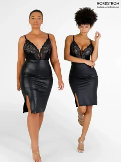 Deep-V Neck Lace Shapewear Bodysuit Leather Midi Skirt Set