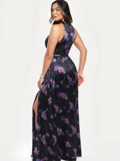Draped High Neck Sculpting Floral-Print Maxi Dress