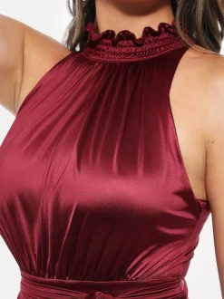 Draped High Neck Sculpting Floral-Print Maxi Dress