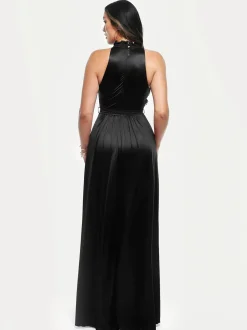 Draped High Neck Sculpting Floral-Print Maxi Dress