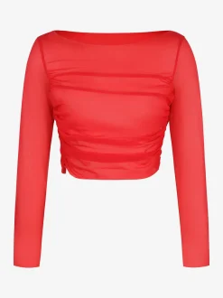 Long Sleeve Ruched Sheer Mesh Crop Top