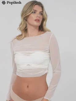 Long Sleeve Ruched Sheer Mesh Crop Top