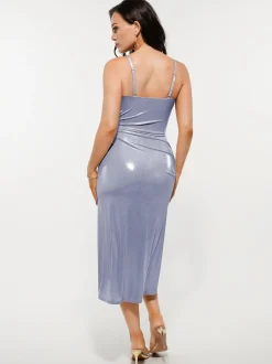 Metallic Cowl Neck Side Ruched Sculpting Tummy Control Midi Dress