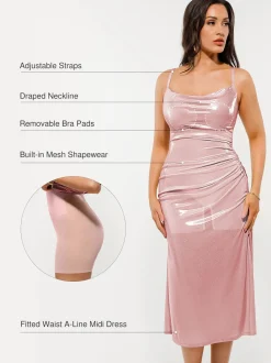 Metallic Cowl Neck Side Ruched Sculpting Tummy Control Midi Dress