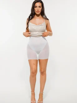 Metallic Cowl Neck Side Ruched Sculpting Tummy Control Midi Dress