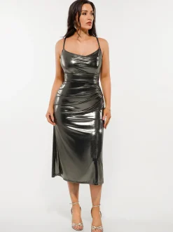 Metallic Cowl Neck Side Ruched Sculpting Tummy Control Midi Dress