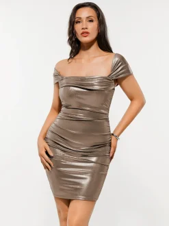 Metallic Off-The Shoulder Ruched Sculpting Tummy Control Mini Dress