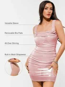 Metallic Off-The Shoulder Ruched Sculpting Tummy Control Mini Dress