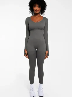 Popilush Ribbed U Neck Built-in Bra Tummy Control Jumpsuit