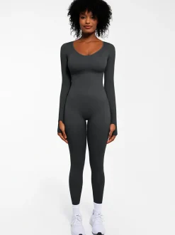 Popilush Ribbed U Neck Built-in Bra Tummy Control Jumpsuit