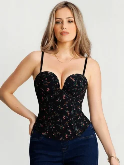 Sculpting Push-Up Lace Floral Boned Convertible Strap Corset Top