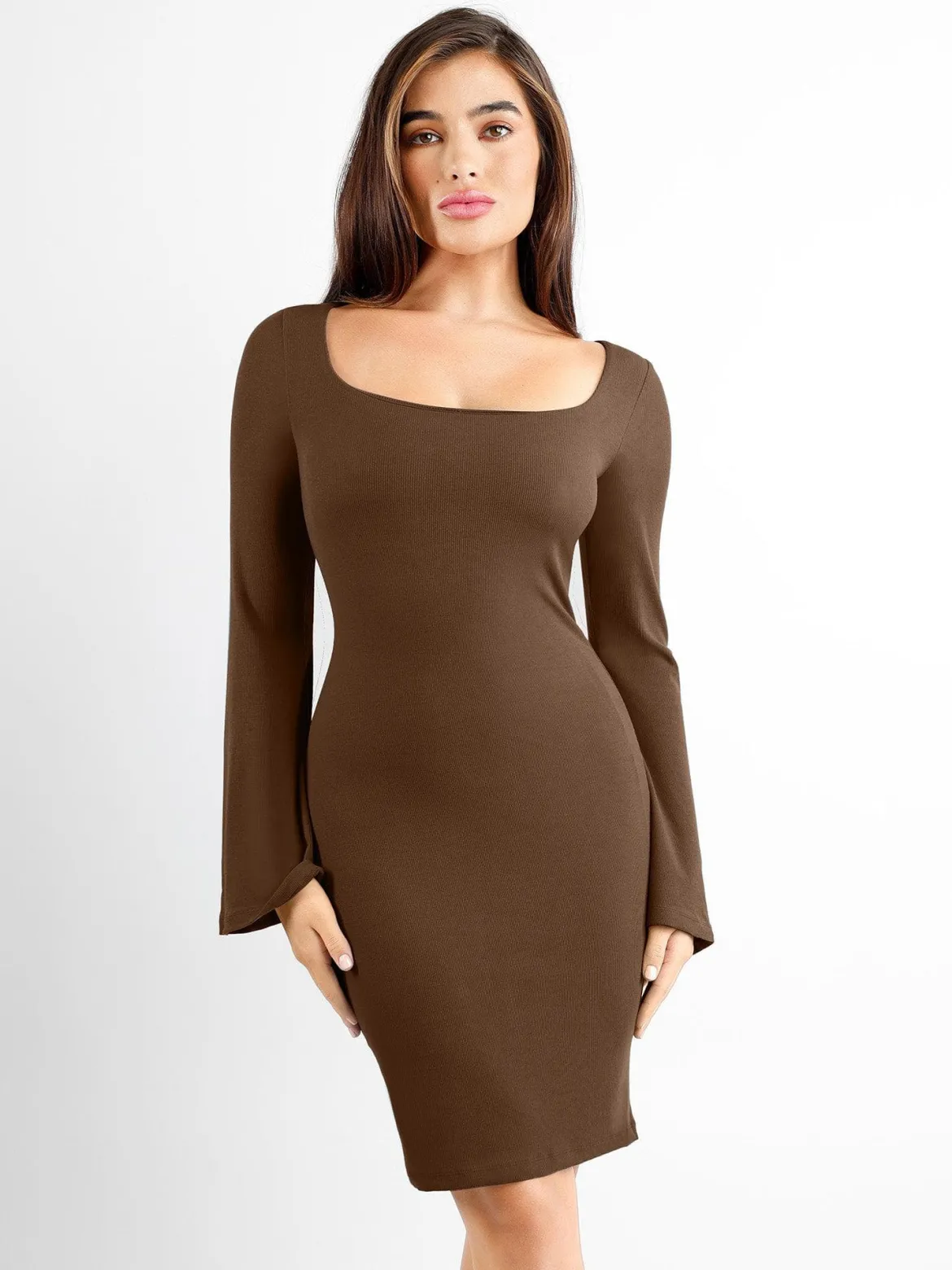 Shapewear Bell Sleeve Square Neck Slimming Midi Dress
