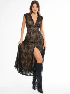 Shapewear Boho Floral Lace Front Slit Maxi Dress