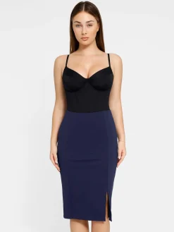 Shapewear Built-In Sculpting Front Slit Midi Work Skirt