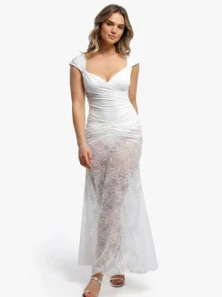Shapewear Cap Sleeve Bodysuit Lace Fishtail Coverup Skirt Set