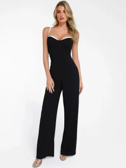 Shapewear Contrast Trim Waist Sculpting Wide-Leg Jumpsuit