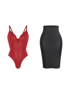 Shapewear Deep V-Neck Leather Bodysuit Slit Midi Skirt Set