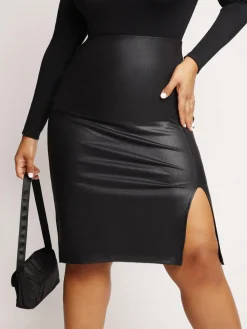 Shapewear Deep V-Neck Leather Bodysuit Slit Midi Skirt Set