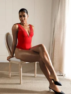Shapewear Deep V-Neck Sculpting Lace Inset Bodysuit