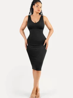 Shapewear Deep V-Neck Tummy Control Midi Dress
