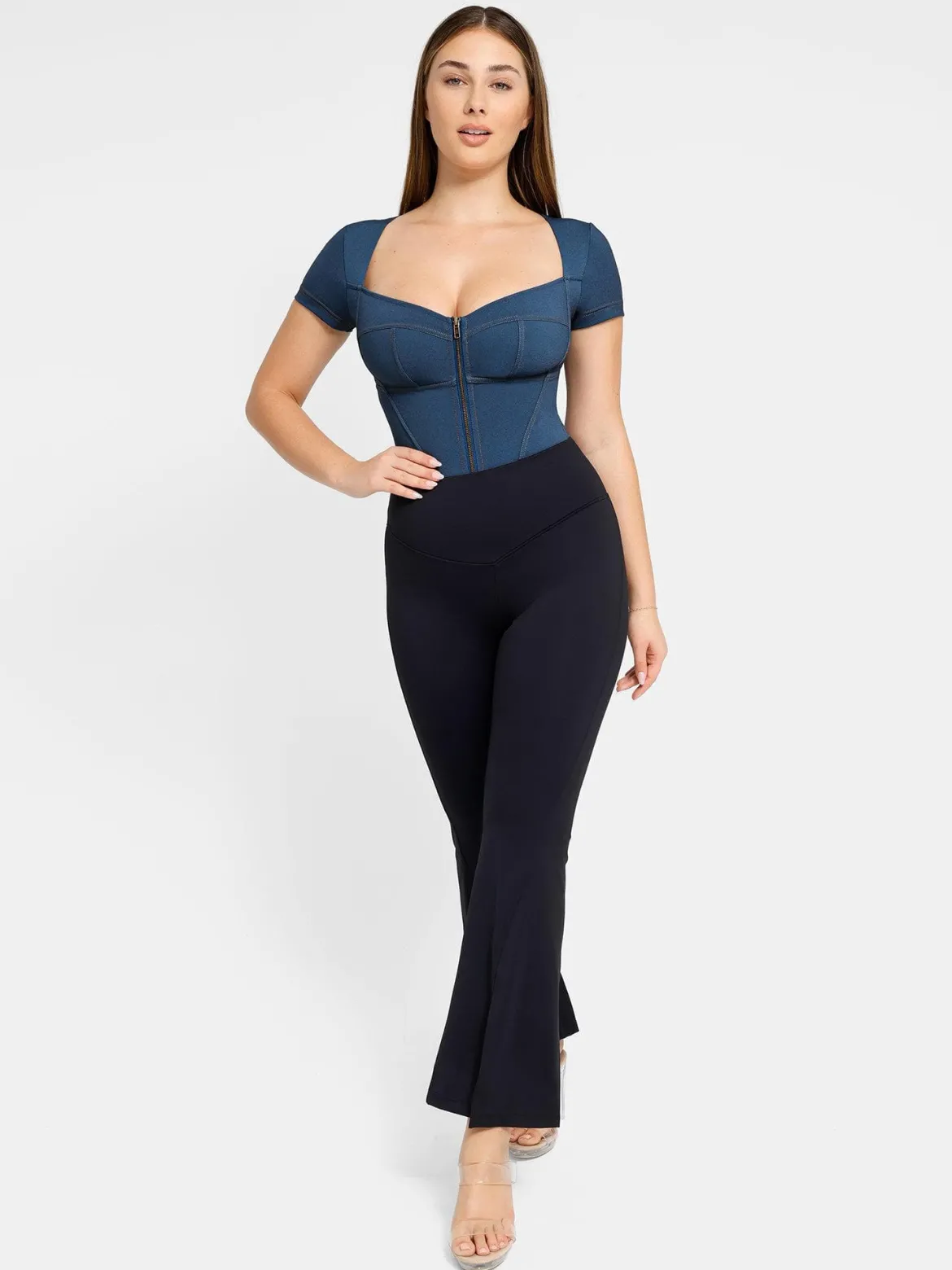 Shapewear Denim Short Sleeve Zip Front Slimming Bodysuit