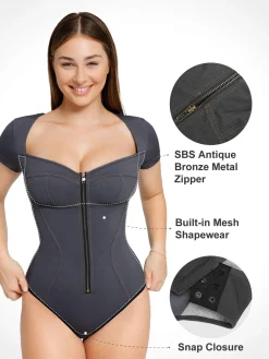 Shapewear Denim Short Sleeve Zip Front Slimming Bodysuit