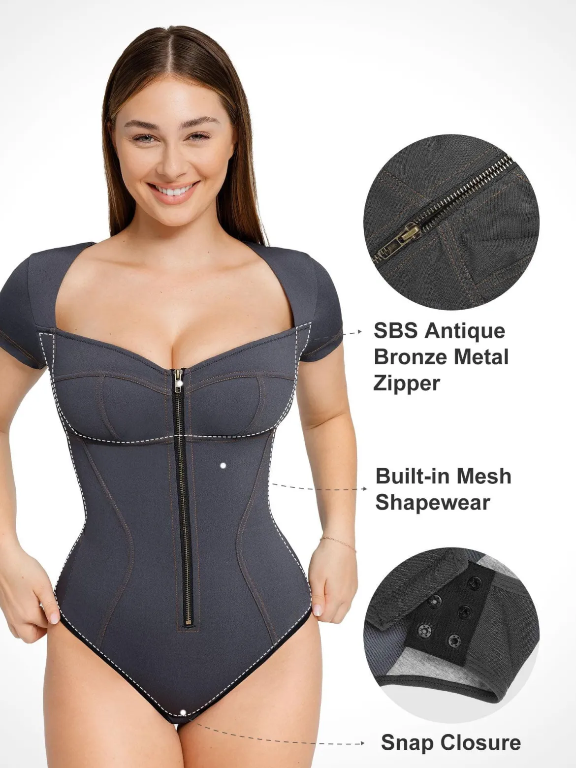 Shapewear Denim Short Sleeve Zip Front Slimming Bodysuit