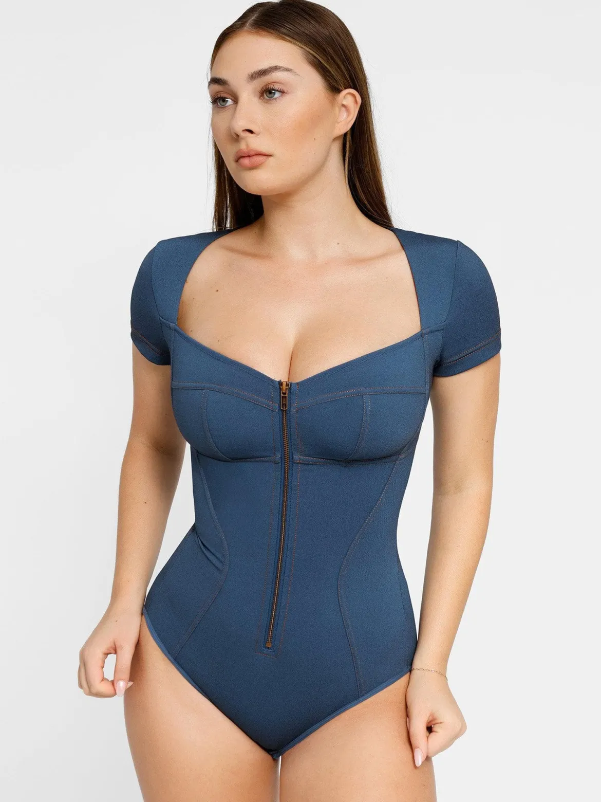 Shapewear Denim Short Sleeve Zip Front Slimming Bodysuit