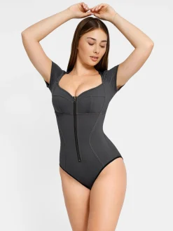 Shapewear Denim Short Sleeve Zip Front Slimming Bodysuit