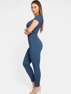 Shapewear Denim Short Sleeve Zip Front Butt Lift Jumpsuit