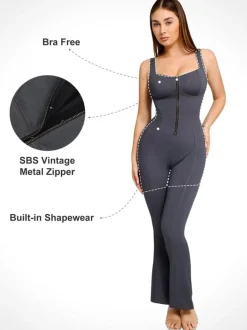 Shapewear Denim Short Sleeve Zip Front Butt Lift Jumpsuit