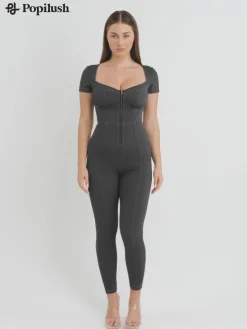 Shapewear Denim Short Sleeve Zip Front Butt Lift Jumpsuit