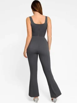 Shapewear Denim Short Sleeve Zip Front Butt Lift Jumpsuit