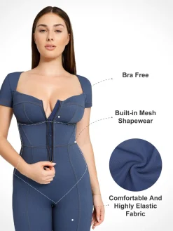 Shapewear Denim Short Sleeve Zip Front Butt Lift Jumpsuit