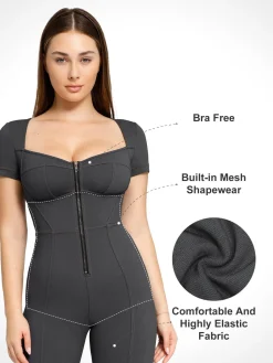 Shapewear Denim Short Sleeve Zip Front Butt Lift Jumpsuit