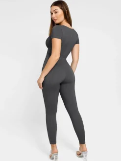 Shapewear Denim Short Sleeve Zip Front Butt Lift Jumpsuit