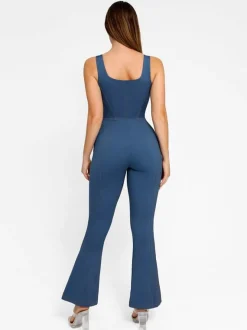 Shapewear Denim Short Sleeve Zip Front Butt Lift Jumpsuit