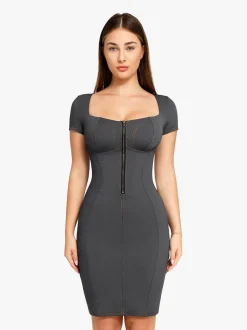 Shapewear Denim Square Neck Tummy Control Midi Dress