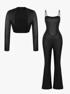Shapewear Faux Leather Corset Jumpsuit Set