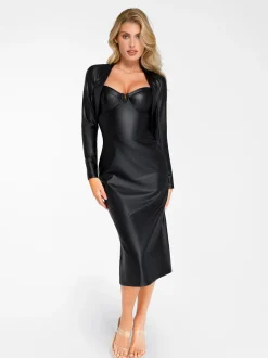 Shapewear Faux Leather Corset Midi Dress Bolero Jacket Set