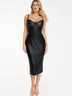 Shapewear Faux Leather Hourglass Corset Midi Dress
