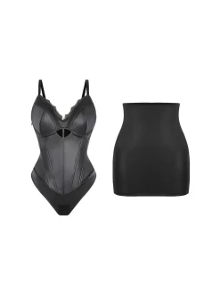 Shapewear Faux Leather Hourglass Cutout Corset Bodysuit Butt Lifting Skirt Set