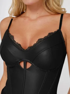 Shapewear Faux Leather Hourglass Cutout Corset Bodysuit Butt Lifting Skirt Set