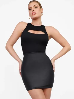 Shapewear Faux Leather Hourglass Cutout Corset Bodysuit Butt Lifting Skirt Set