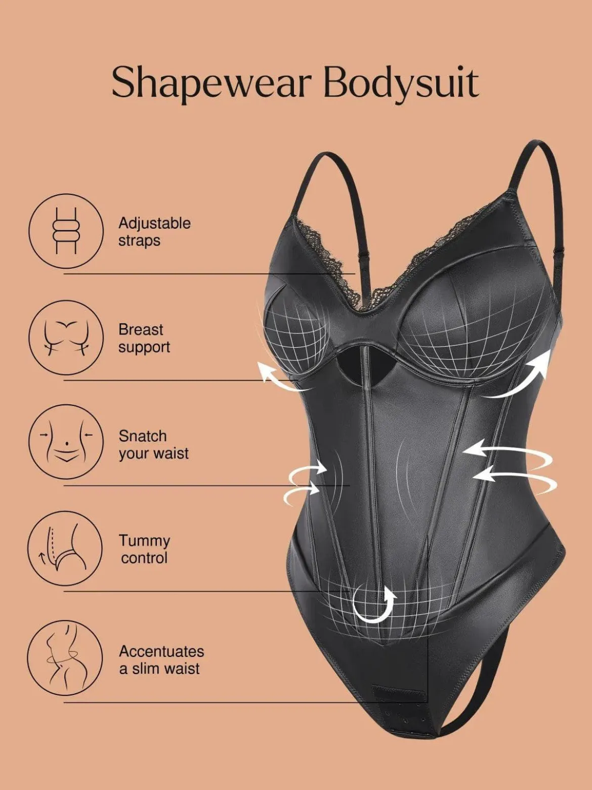 Shapewear Faux Leather Hourglass Cutout Corset Bodysuit Butt Lifting Skirt Set