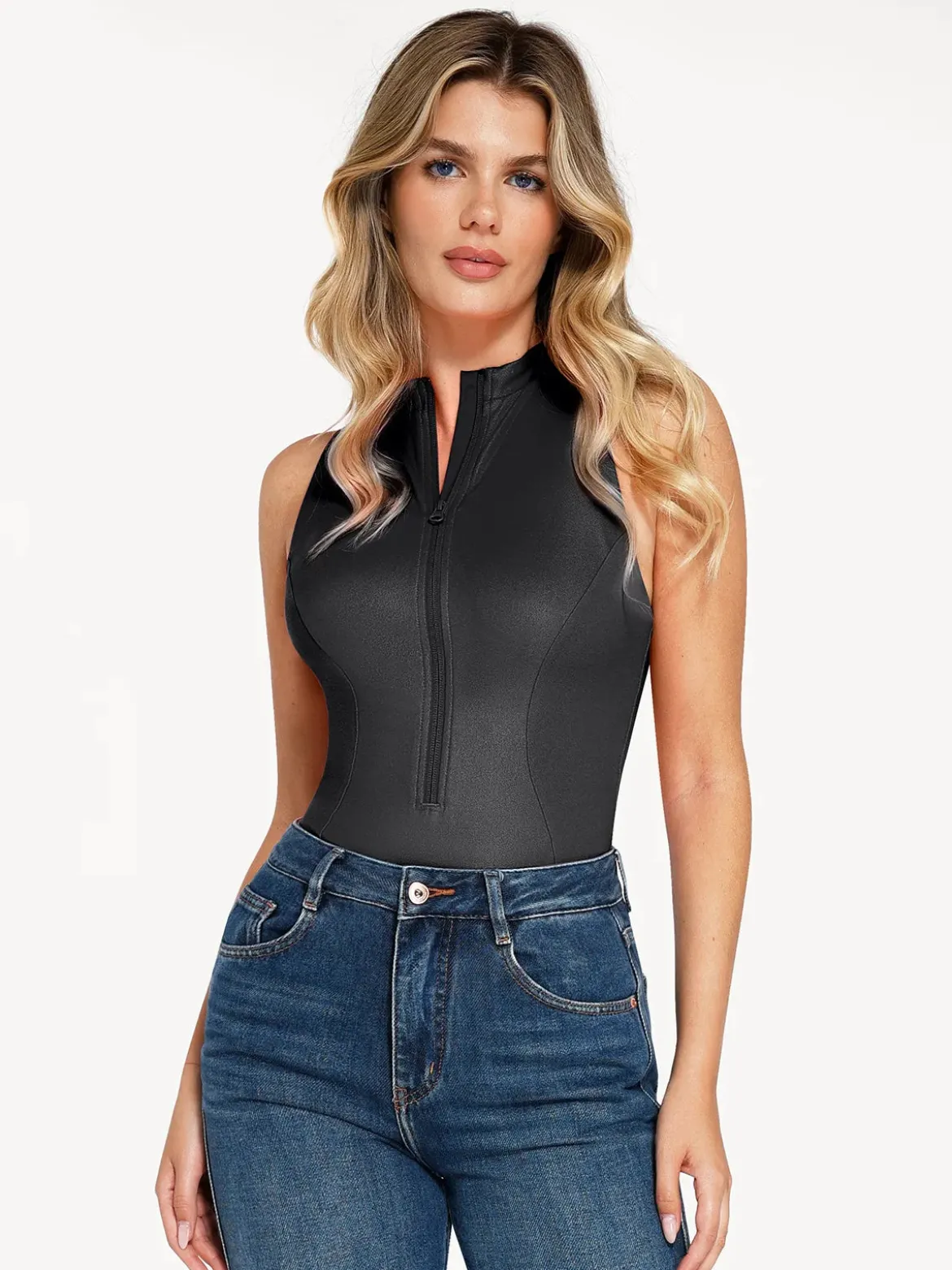 Shapewear Faux Leather Mock Neck Zip Front Sculpting Bodysuit
