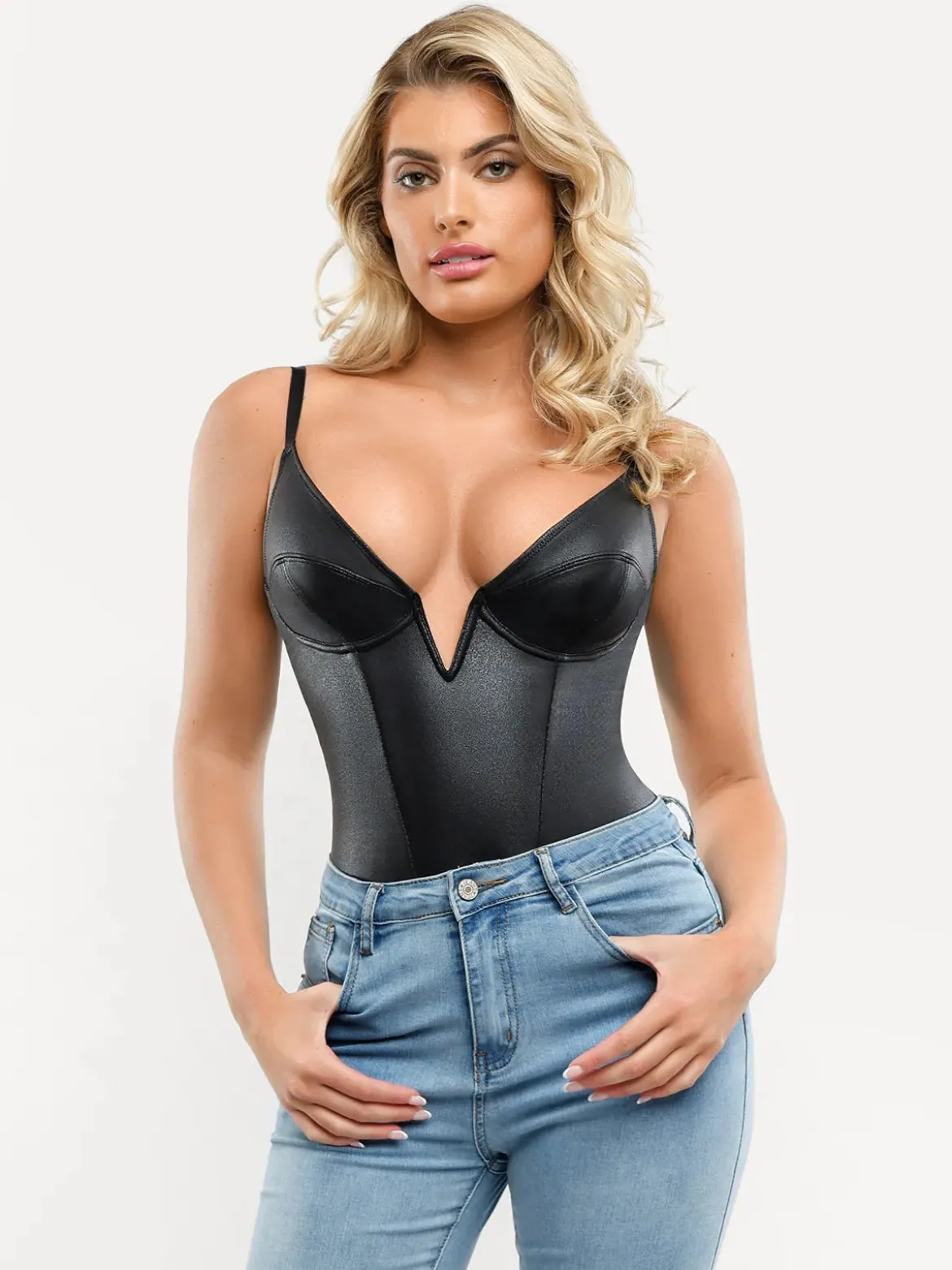 Shapewear Faux Leather Plunging V Sculpting Corset Bodysuit