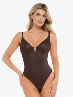 Shapewear Faux Leather Plunging V Sculpting Corset Bodysuit