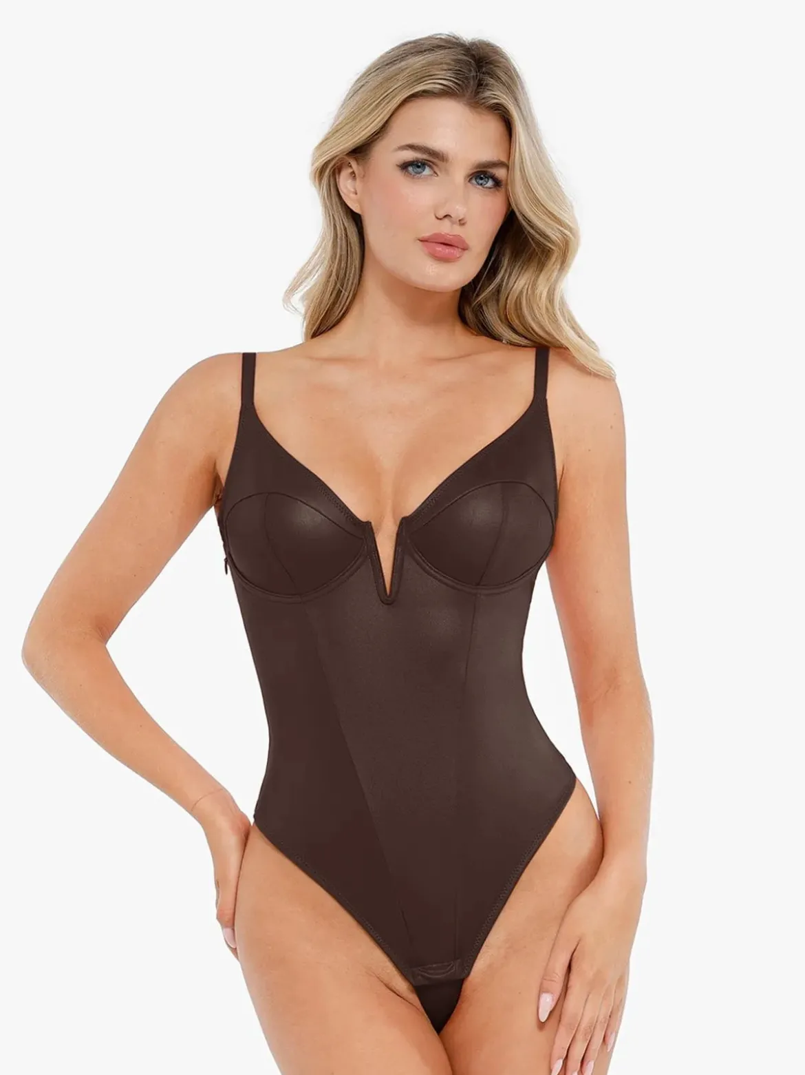 Shapewear Faux Leather Plunging V Sculpting Corset Bodysuit